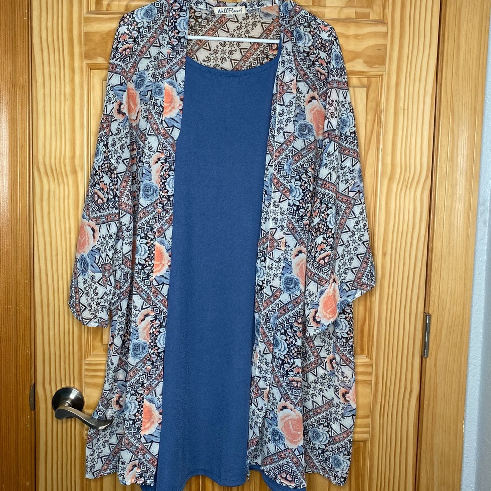 Blue dress with floral cardigan